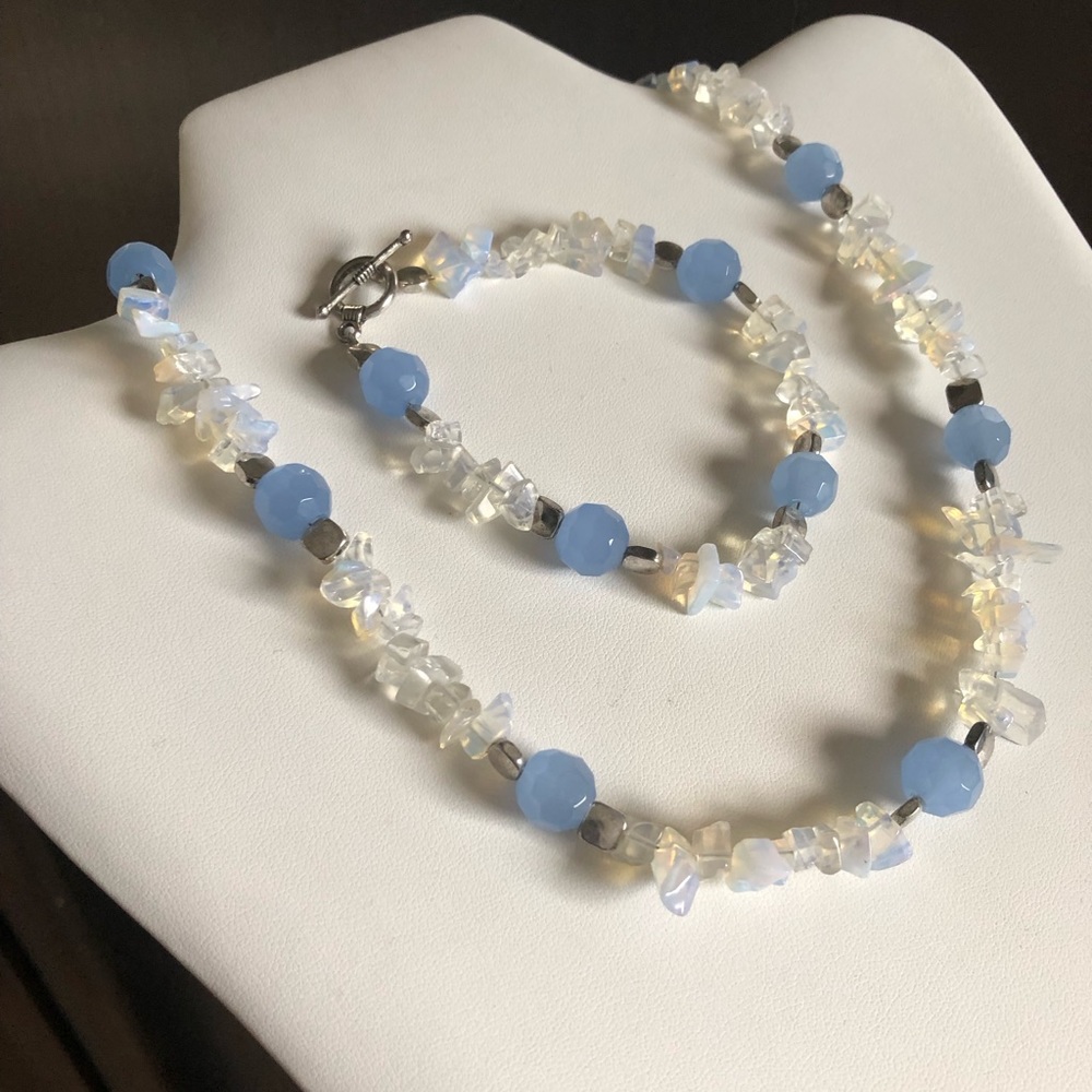 Blue chalcedony & moonstone with silver accent beads necklace & Bracelet set